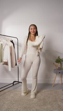 vídeo vertical de pov de una influyente femenina de las redes sociales produciendo contenido generado por el usuario en el estudio modelando una variedad de trajes de moda filmados en tiempo real 1