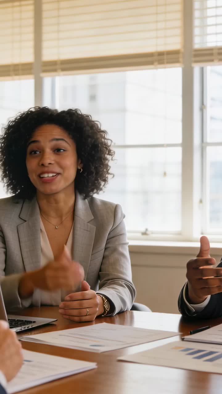 Video verticale: Donna in blazer grigio che parla e sorride al tavolo mentre un collega indica i grafici.