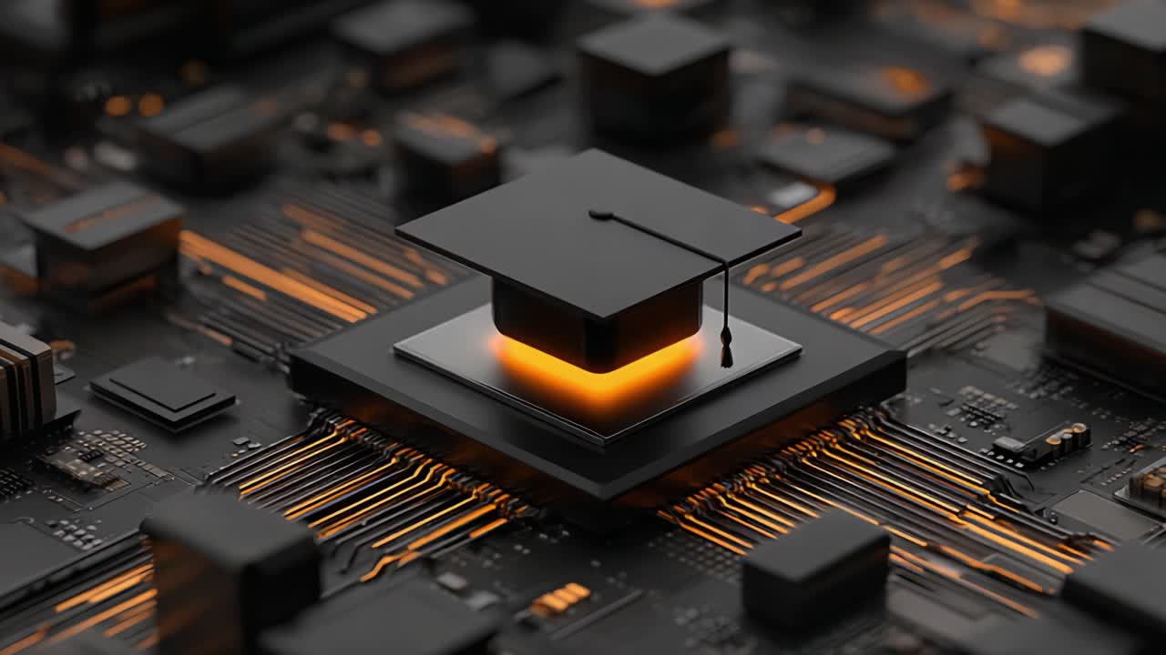 A sophisticated representation of education blending with technology, featuring a black graduation cap resting atop a circuit board illuminated by a warm glow