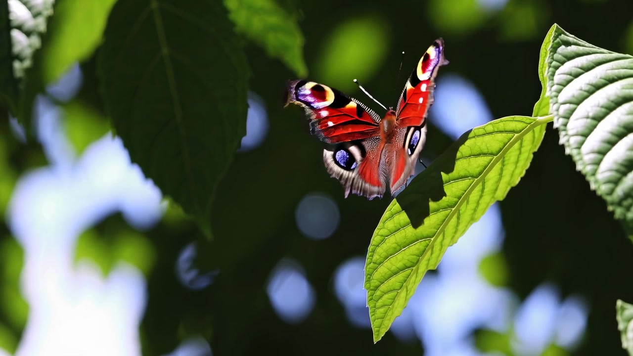 Vibrante farfalla pavone che batte le ali su una foglia verde