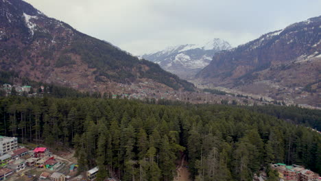 revelando la montaña a través de los árboles de un dron disparado en las montañas nevadas de himachal pradesh en india-1