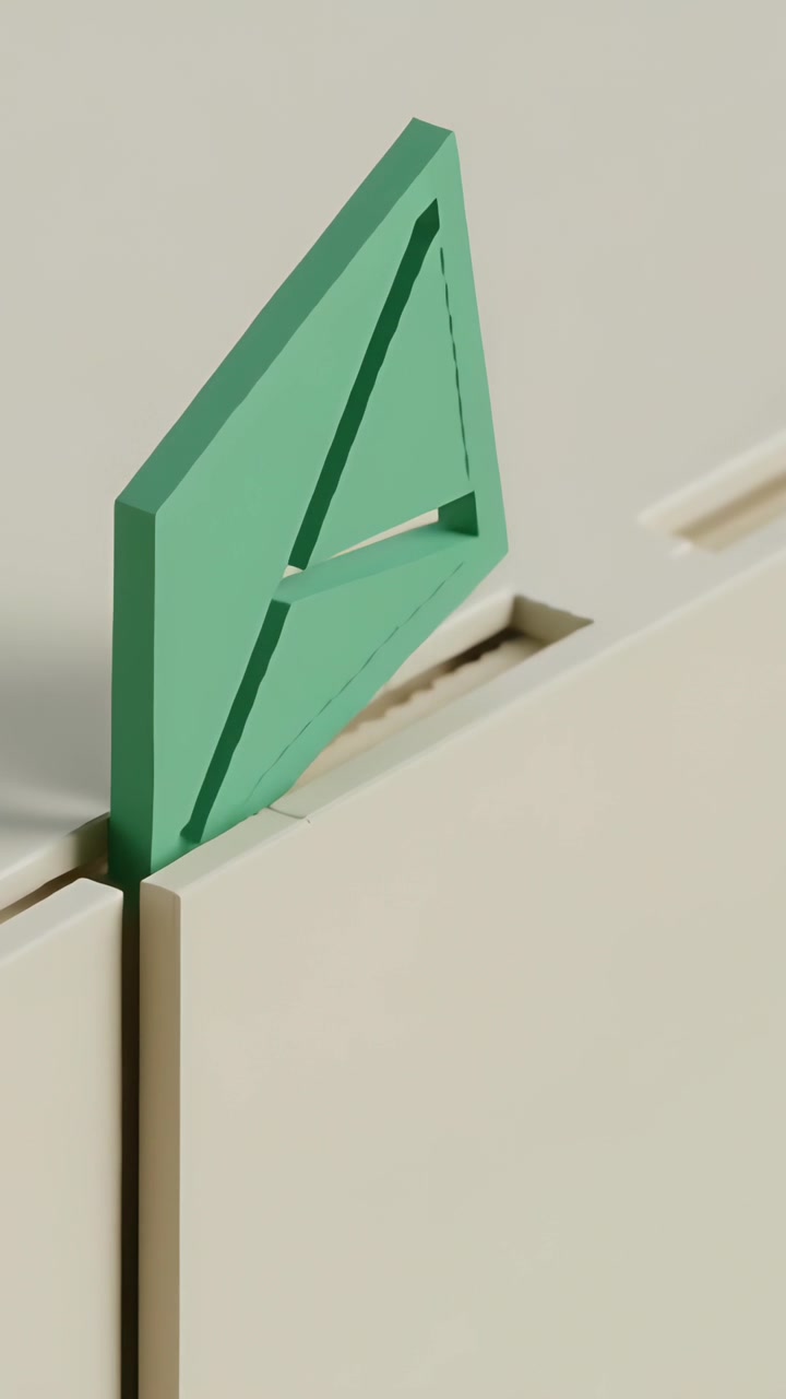 Video vertical: Activando una placa romboidal verde que gira, se alinea y se inserta en una ranura beige.
