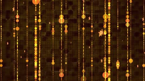 Animation-of-orange-glowing-stars-and-chains-over-yellow-dots-of-connections