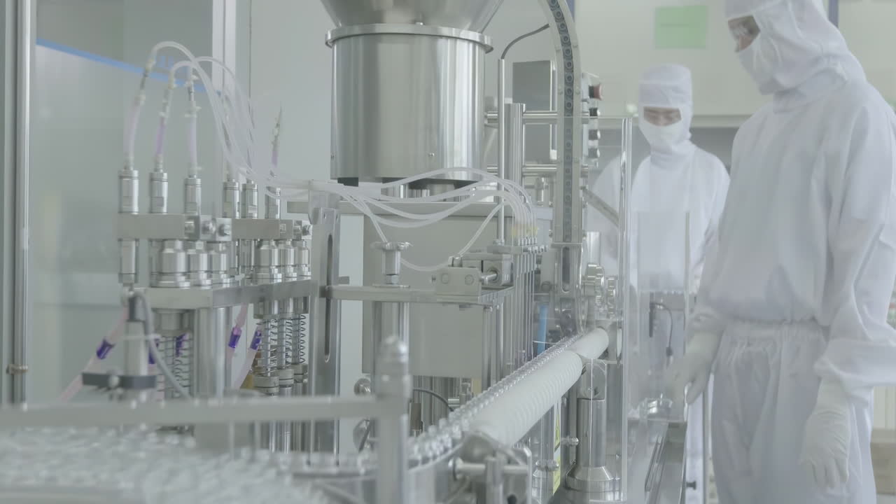 Pharmaceutical manufacturing facility in sterile conditions, a skilled workforce of scientists and technicians collaborates to oversee and maintain the automated production lines factory