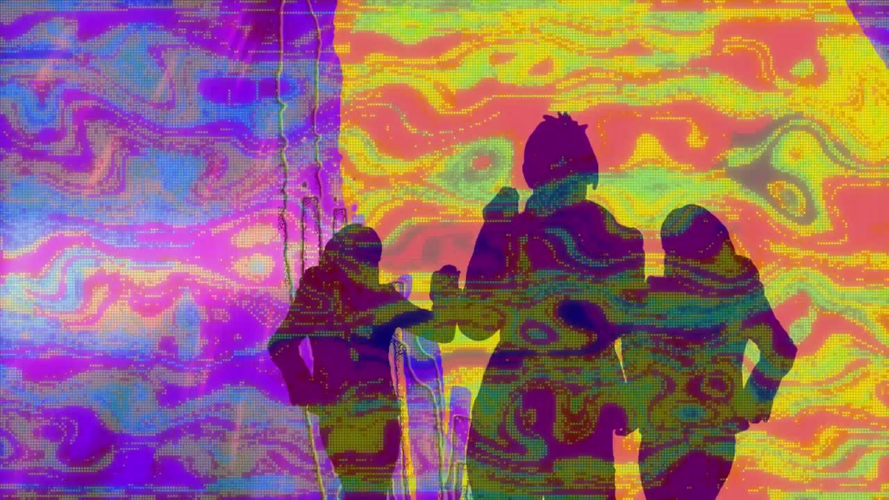 무 ⁇  없는 루프에서 최면적인 움직임으로 줄무 ⁇ 로 춤추는 사람들의 실루 ⁇ 의 애니메이션