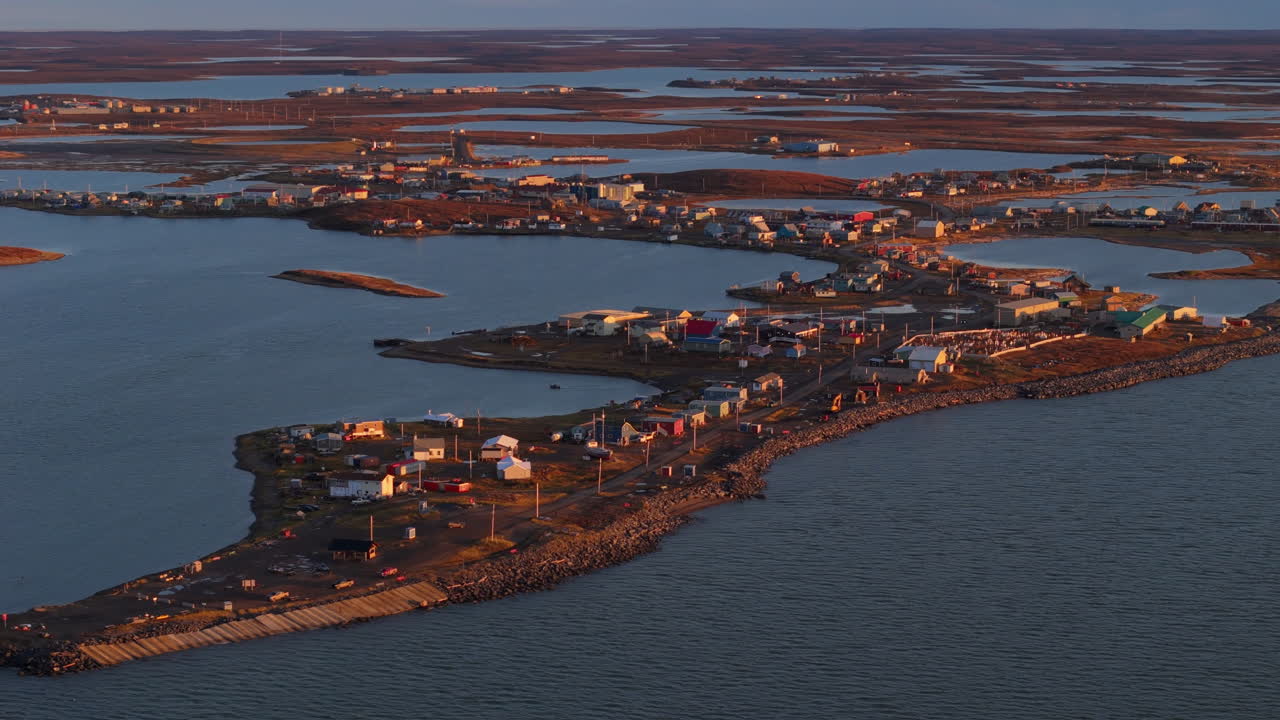 Tuktoyaktuk Inuvialuit Hamlet Near Mackenzie River Delta, Northwest Territories, Canada. Aerial Drone Shot