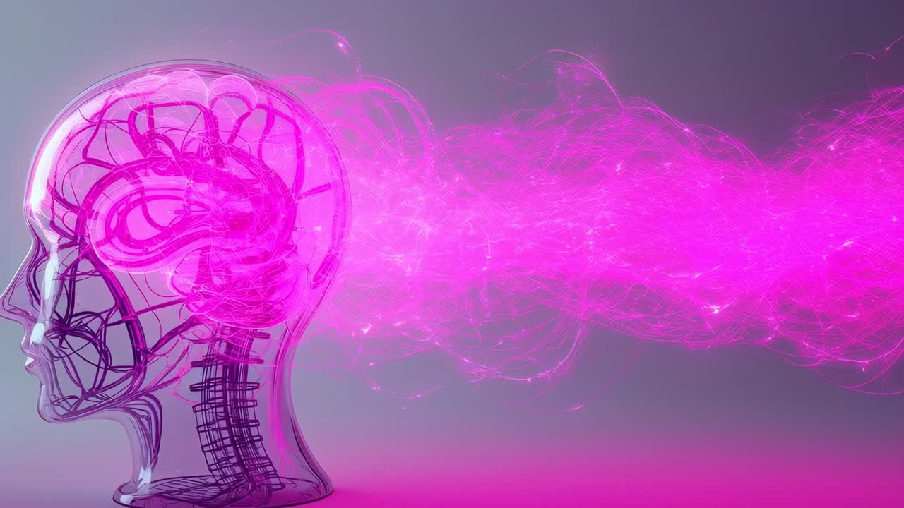 Projecting glass head model pulsing brain glow, emitting pink energy ribbon across set, copy space