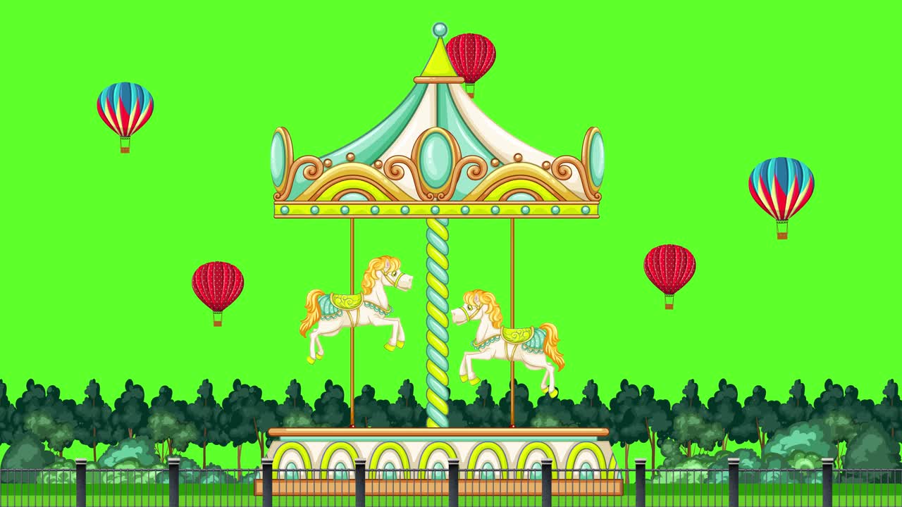 Cartoon carousel rotates with white horses while colorful hot air balloons float against green background
