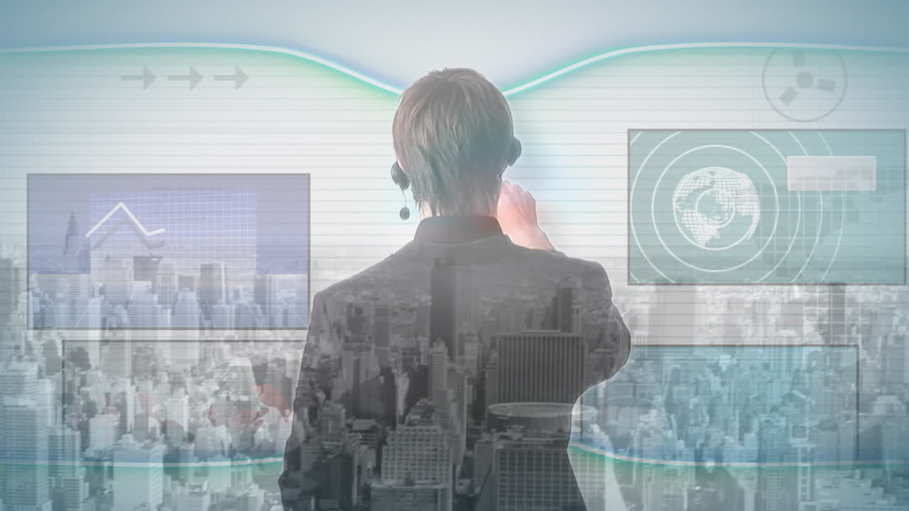 도시 풍경 위에서 금융 데이터 처리와 함께 비즈니스맨 터치 스크린의 애니메이션