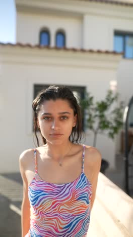 woman in a colorful swimsuit