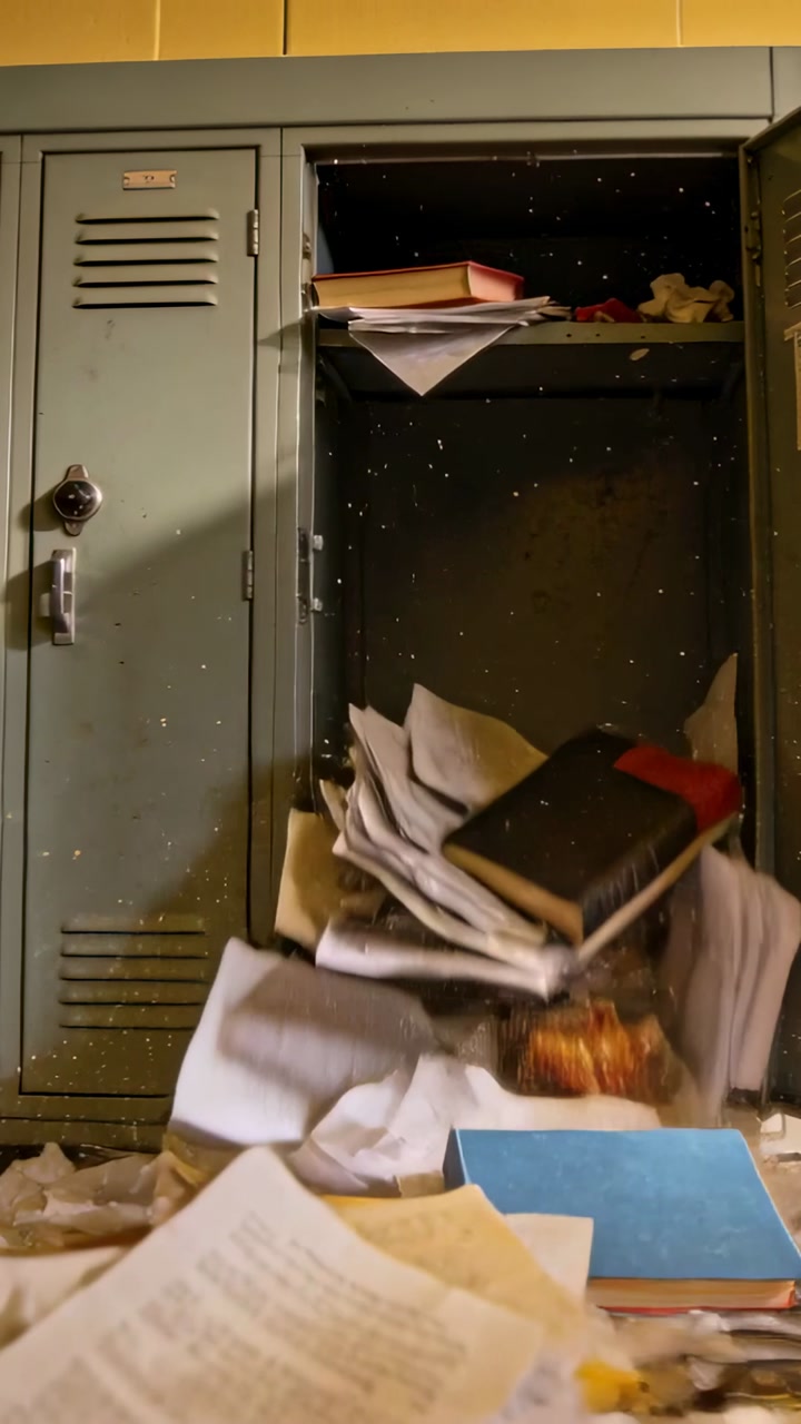 Vertical video: Bursting open, metal locker ejecting books and papers into hall, scattering snack