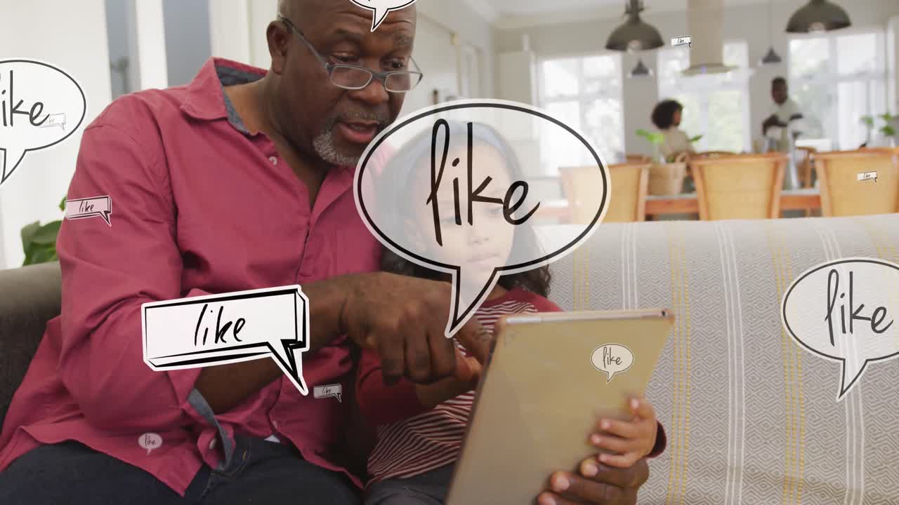 Animation of like text over african american man and his granddaughter using tablet