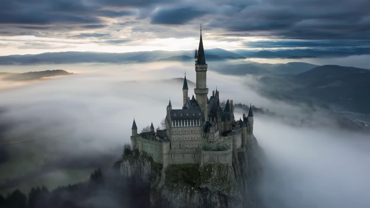 Castillo Majestuoso en un Acantilado Rodeado de Niebla y Montañas al Amanecer