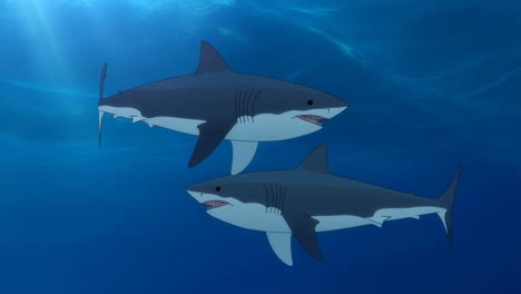 two animated sharks swimming underwater