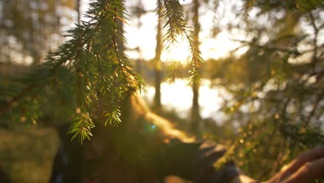 Woman-goes-by-the-camera-pushing-bushes-away-from-camera-with-sun-rays-in-the-evening