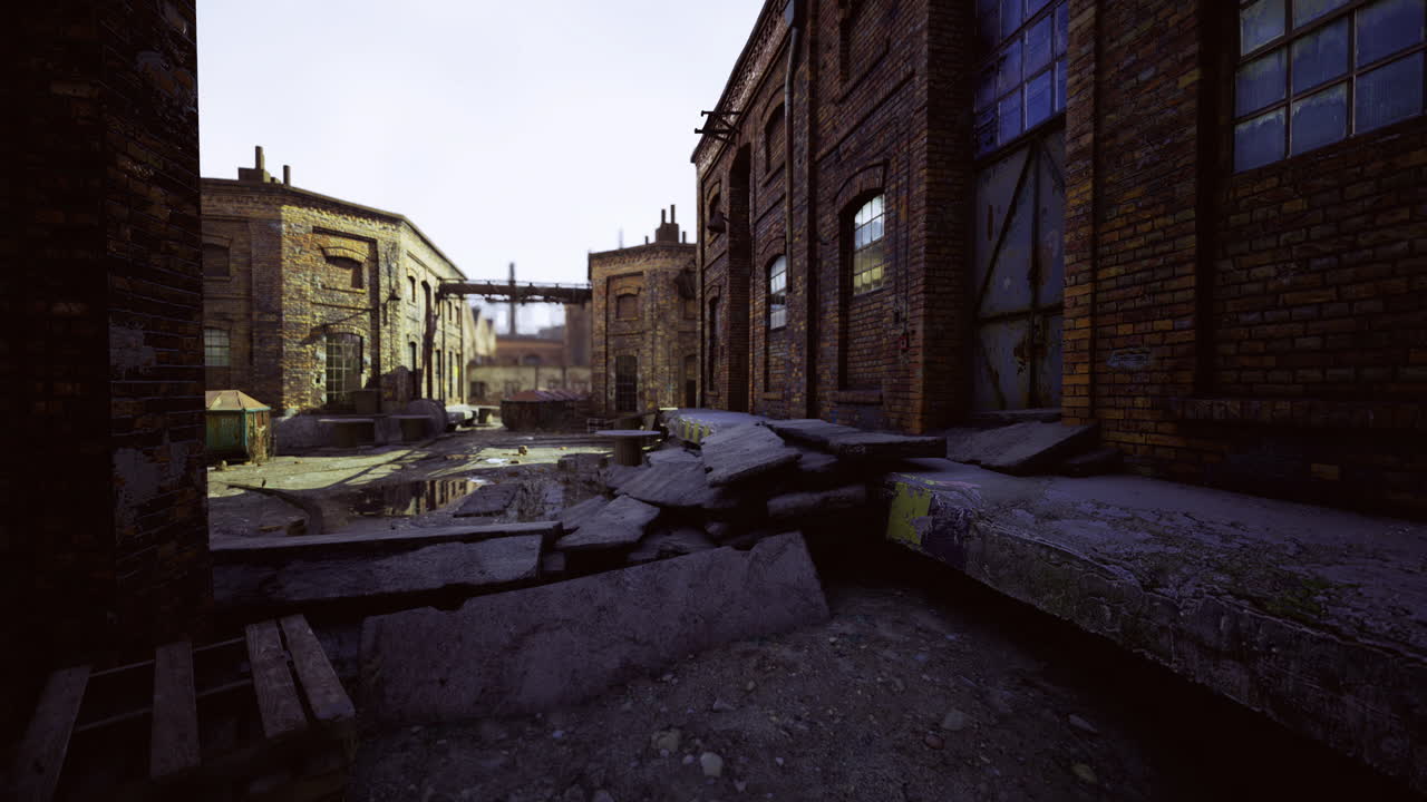 Abandoned industrial site with crumbling structures and overgrown pathways