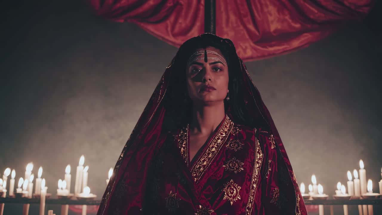 Priestess wearing an elegant red and gold ceremonial dress standing in a dimly lit temple with candles burning, creating a mystical and spiritual atmosphere