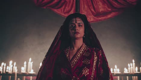 priestess wearing an elegant red and gold ceremonial dress standing in a dimly lit temple with candles burning, creating a mystical and spiritual atmosphere