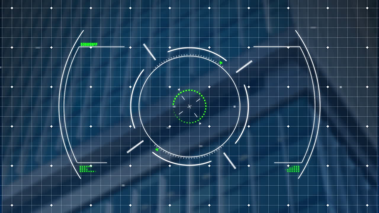animación de círculos y puntos sobre el patrón de cuadrícula contra la vista de ángulo bajo del edificio.