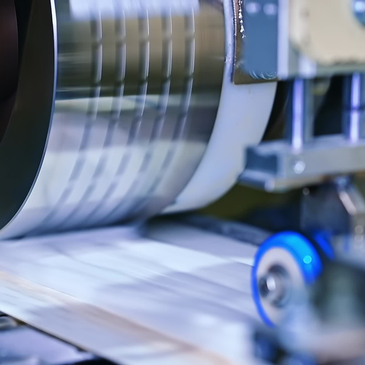 Diaper manufacturing enterprise. Big spinning shaft sends the pieces of fiber to the conveyor belt. Modern industrial plant