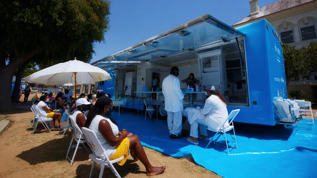 Community Health Outreach Event with a Mobile Clinic Offering Services to Residents, Providing Essential Care and Support in an Inviting Outdoor Setting