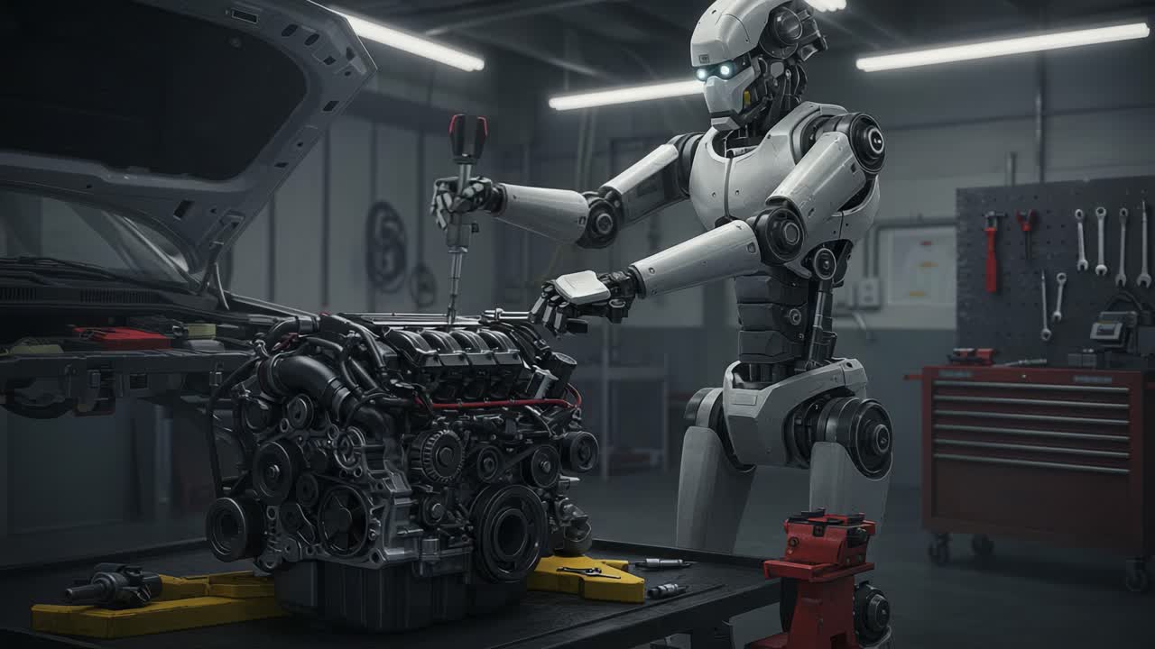 A Futuristic Robot Mechanic Skillfully Working on a Complex Engine in a High-Tech Workshop, Showcasing Advanced Technology and Engineering Precision