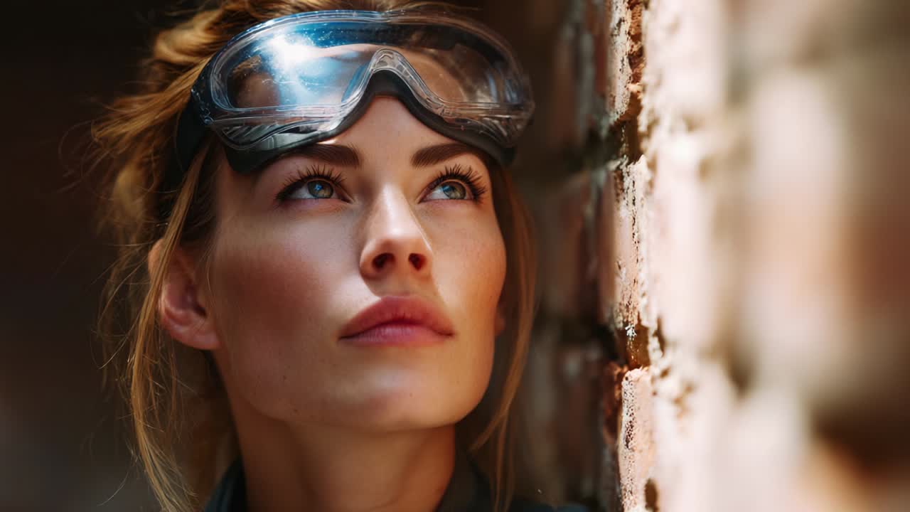 A Determined Woman Gazing Upward in an Industrial Setting, Wearing Protective Goggles Against a Background of Textured Brick, Capturing a Moment of Hope and Aspiration in Life's Journey