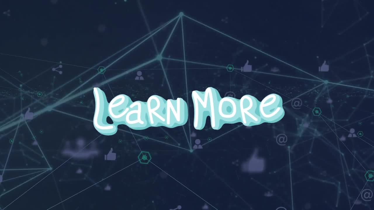 Animation of learn more text over network of connections and icons on black background