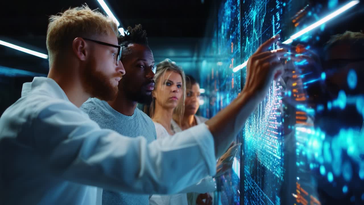 A group of diverse professionals intently analyzing complex data visualizations on a digital interface, showcasing collaboration and innovation in the field of technology and analytics