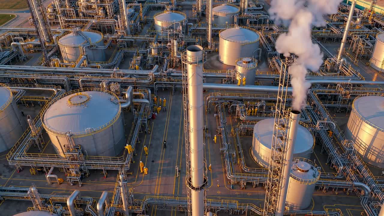 Aerial video captures an industrial refinery complex with smoke stacks and intricate piping