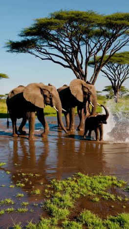elephant family splashing and playing in a watering hole on the african savanna