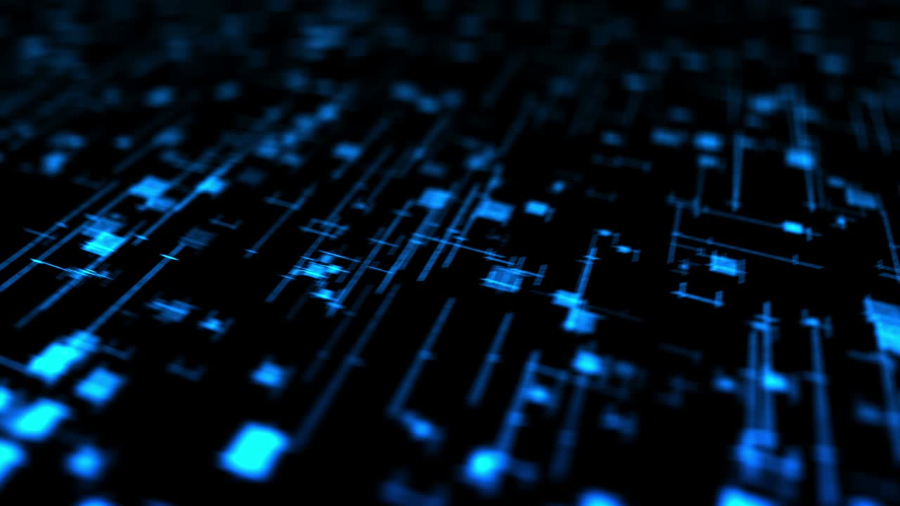 Bright technology of blue neon lines. Business concept. 3D rendering of rotating squares crossing on black background. Loop animation.