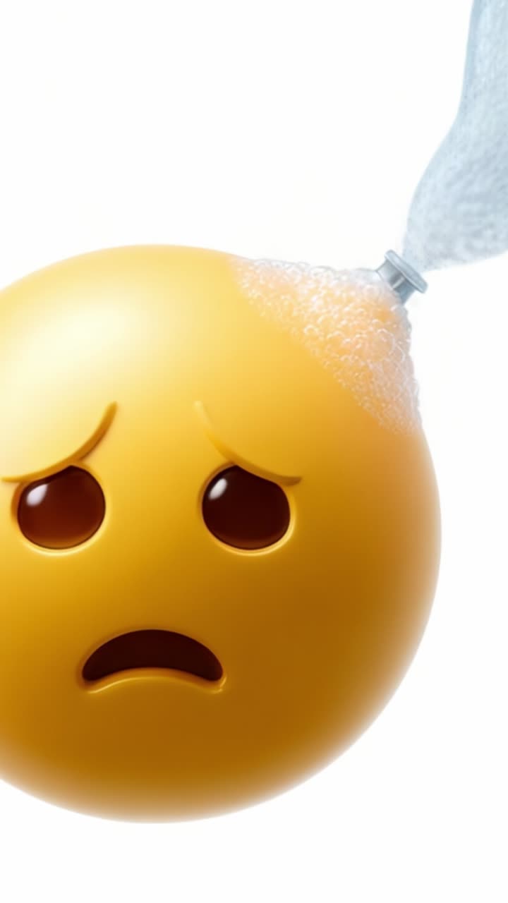 Smutný žlutý emoji se sklíčeným výrazem a stoupajícími bublinami, symbolizující emoce, stres nebo smutek v hravém, avšak znepokojivém vizuálním kontextu.