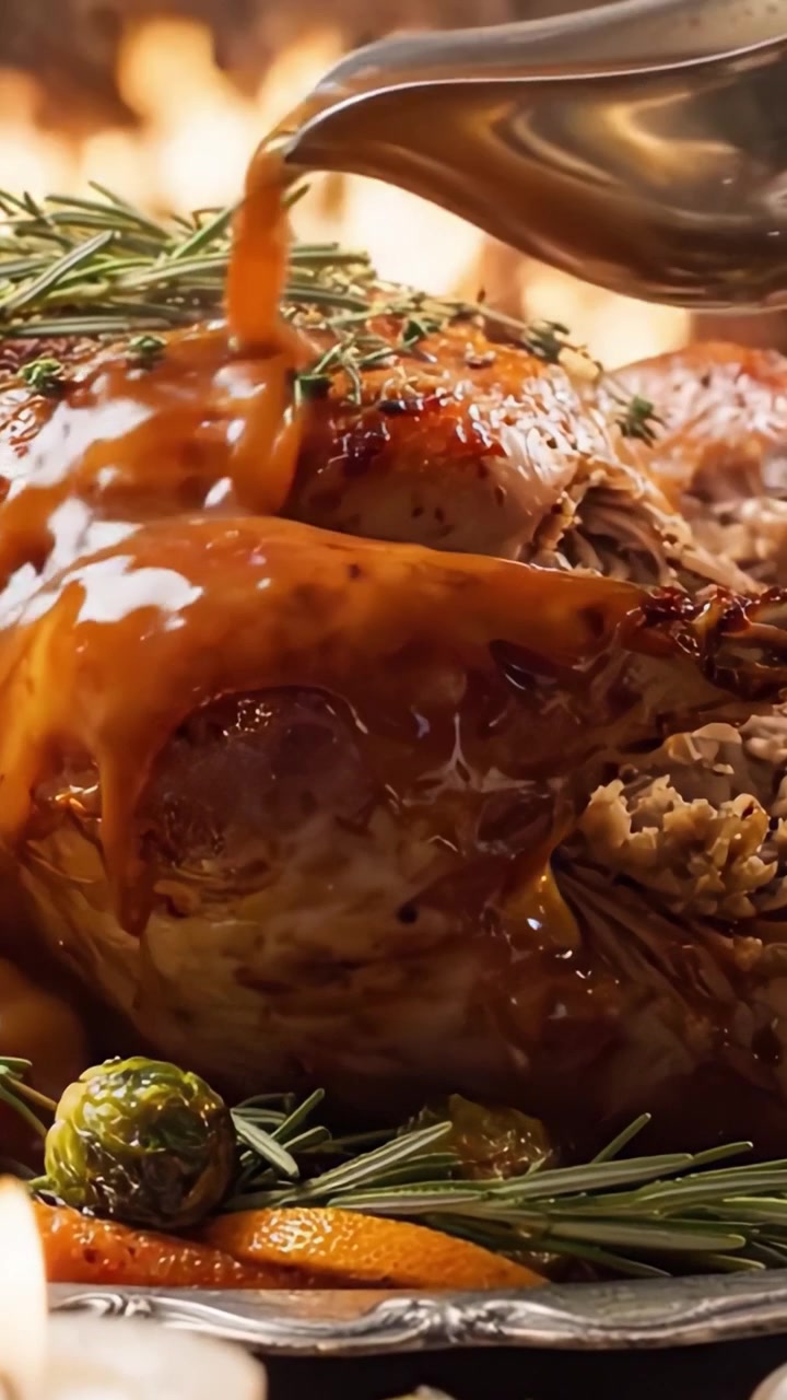 A Glorious Roasted Turkey with Herbal Garnish and Accompaniments, Perfectly Glazed and Ready to Serve Amidst a Warm and Inviting Atmosphere