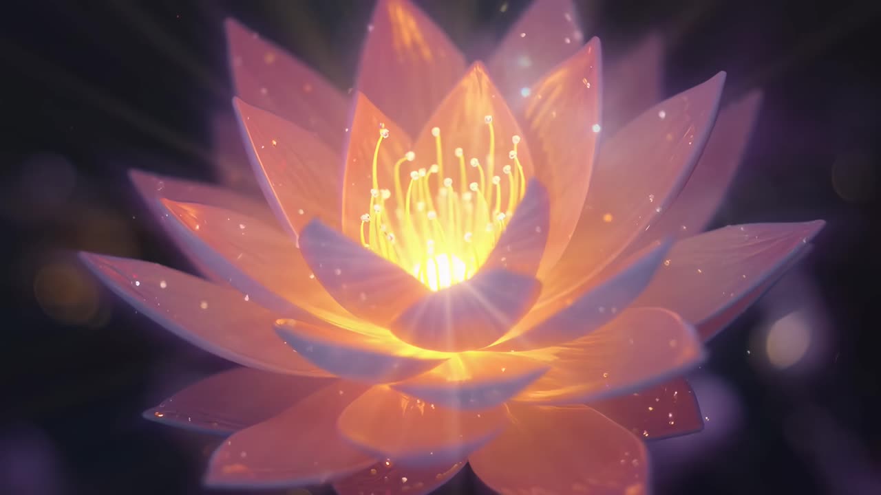 Uma flor de lótus brilhante em um vídeo místico, capturada de um ângulo baixo, com iluminação etérea, Live desktop