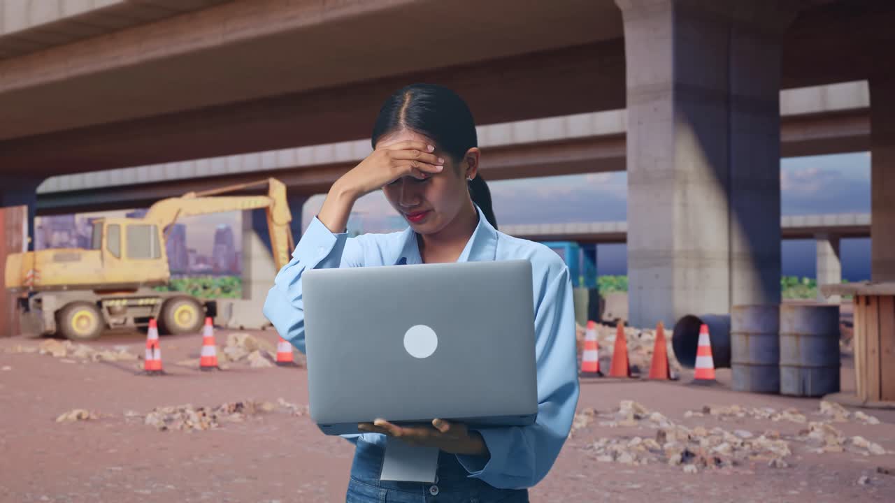 Asian Female With Her Laptop At The Site of Highway Construction, She Is Nodding Her Shead With Dissapionted