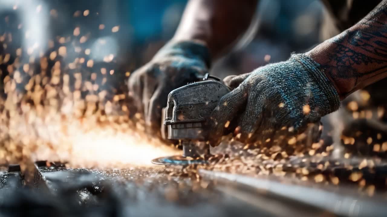 Close-Up of Skilled Artisan Using Power Tool to Smooth Metal Surface, Creating Sparks and Shimmering Light in Industrial Workshop Setting