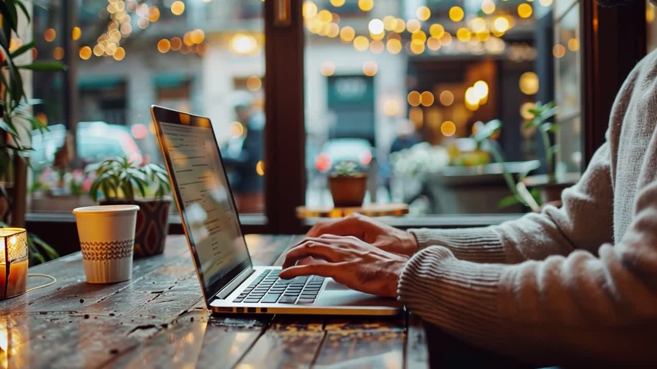Person, die in einem Café an einem Laptop arbeitet