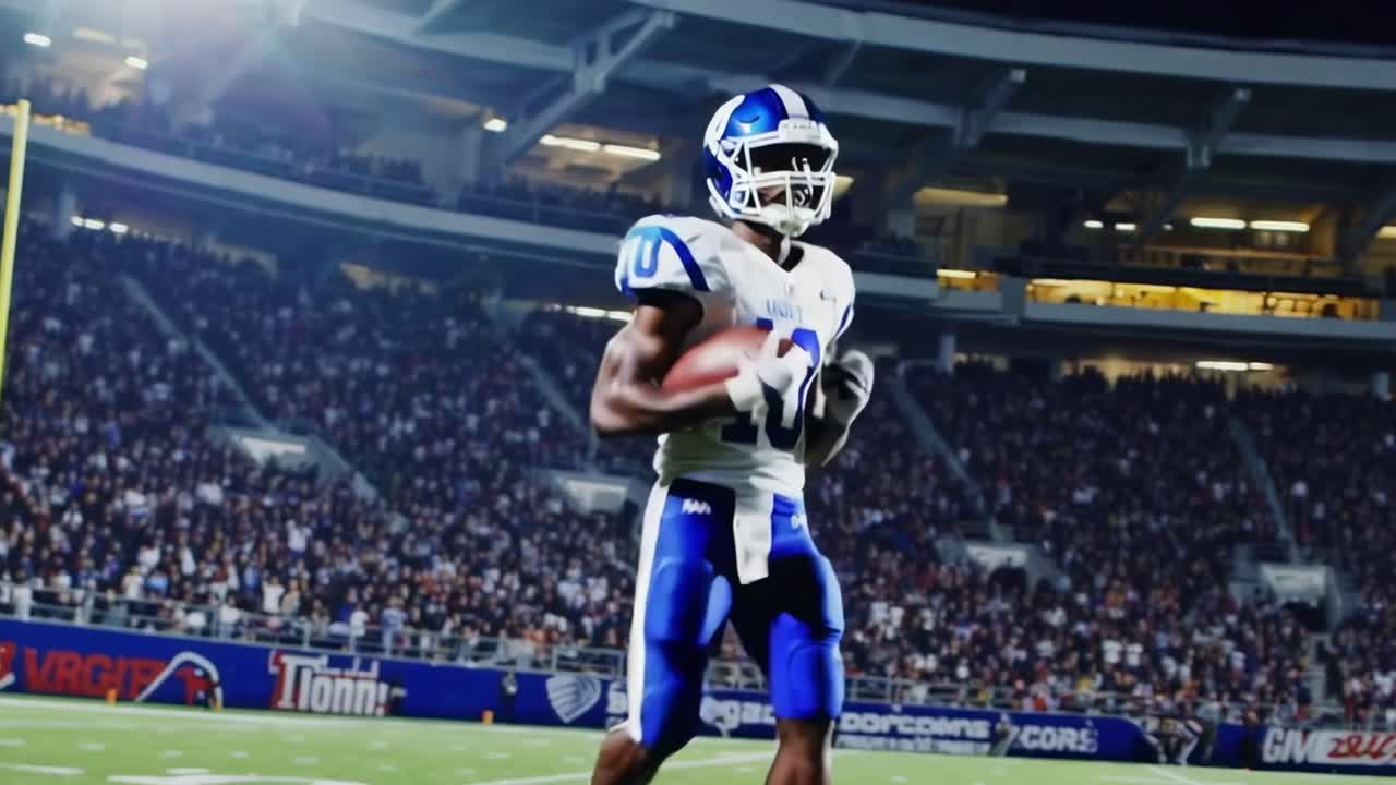 Scatto dinamico dal basso di un giocatore di football in azione su un campo illuminato dello stadio