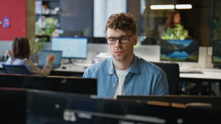 Opmærksom mand tænker og arbejder ved computer på kontor tæt på