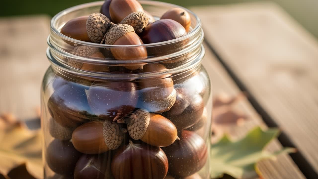 Sonbahar yapraklarıyla çevrili ahşap bir yüzey üzerinde güzelce düzenlenmiş, bol miktarda parlak, kahverengi meşe palamudu ve kestaneyle dolu bir cam kavanozun yakın çekim görüntüsü