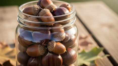 A close-up view of a glass jar filled with an abundance of shiny, brown acorns and chestnuts, beautifully arranged on a wooden surface surrounded by autumn leaves