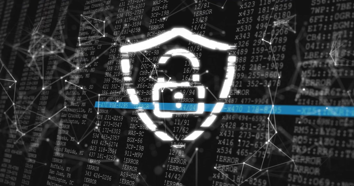Data streams cascading over code plane, flickering shield with lock, blue line scanning network