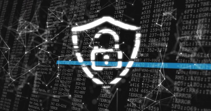 Data streams cascading over code plane, flickering shield with lock, blue line scanning network