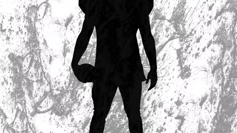 animation of silhouette of male american football player over shapes on grey background