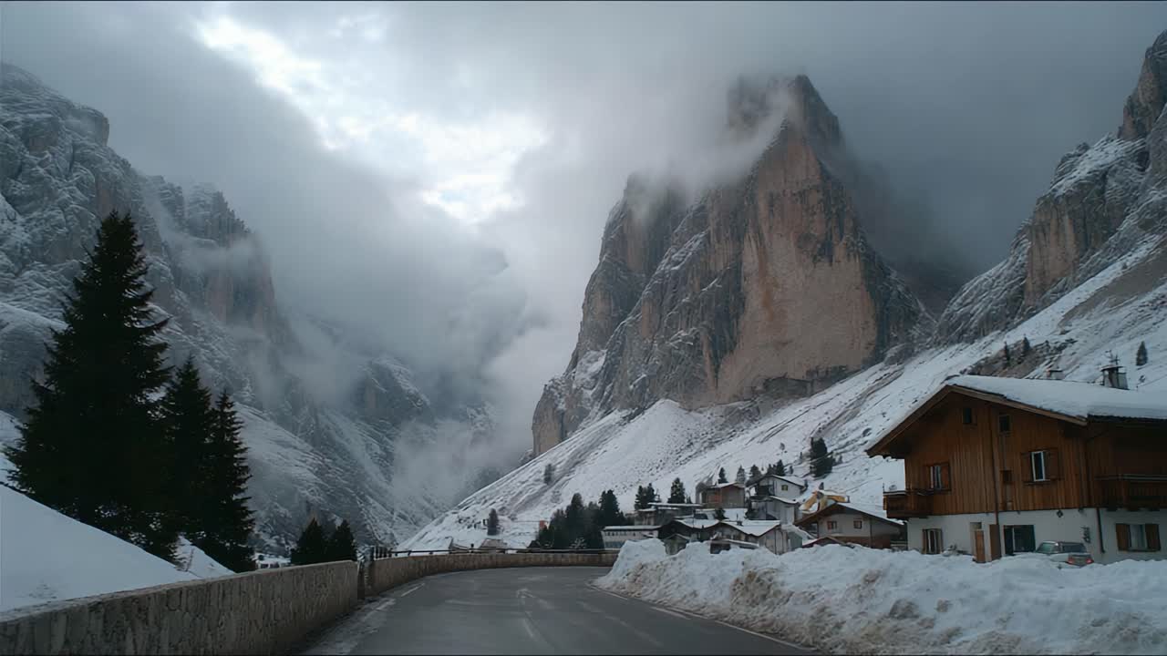 A Scenic Winter Journey Through Majestic Snow-Capped Peaks and Quaint Alpine Villages Amidst Cloudy Skies in a Picturesque Landscape