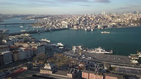 aerial view of istanbul turkey, bosporus strait and galata bridge under golden hour sunlight