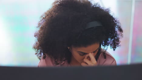 headache, stress and black woman telemarketing