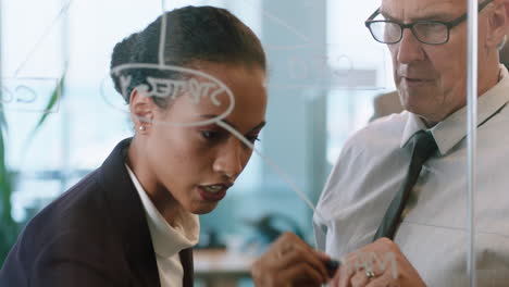 business people using sticky notes brainstorming team leader woman writing on glass whiteboard working with colleagues showing problem solving strategy in office meeting