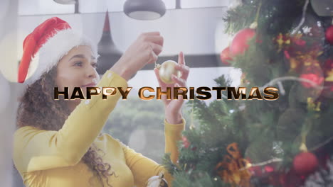 decorating christmas tree, woman with santa hat, happy christmas text animation